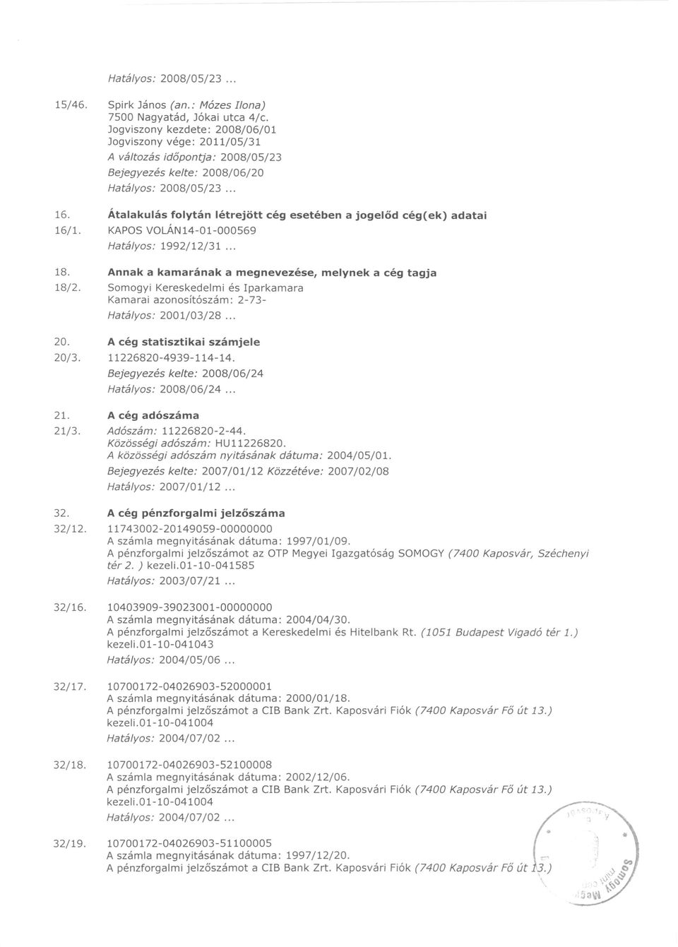 tagja Somogyi Kereskedelmi és Iparkamara Kamarai azonosítószám: 2-73- Hatá/yos: 2001/03/28... A cég statisztikai számjele 11226820-4939-114-14. Bejegyezés ke/te: 2008/06/24 Hatá/yos: 2008/06/24.