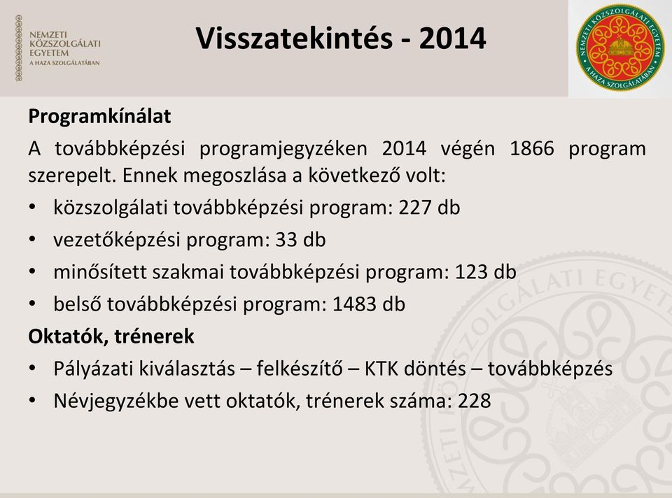 db minősített szakmai továbbképzési program: 123 db belső továbbképzési program: 1483 db Oktatók,
