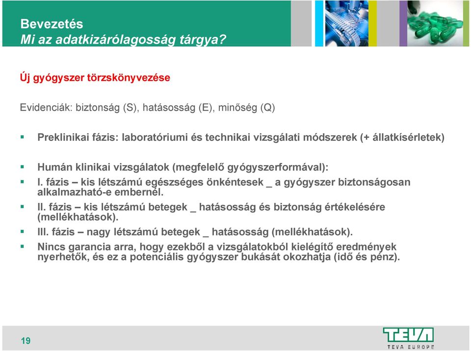 állatkísérletek) Humán klinikai vizsgálatok (megfelelő gyógyszerformával): I.