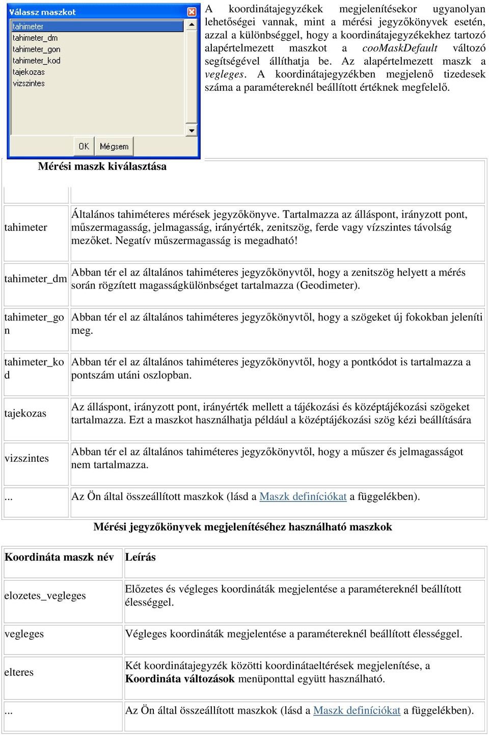 Mérési Mérési Leírás maszk kiválasztása maszk név tahimeter Általános tahiméteres mérések jegyzőkönyve.