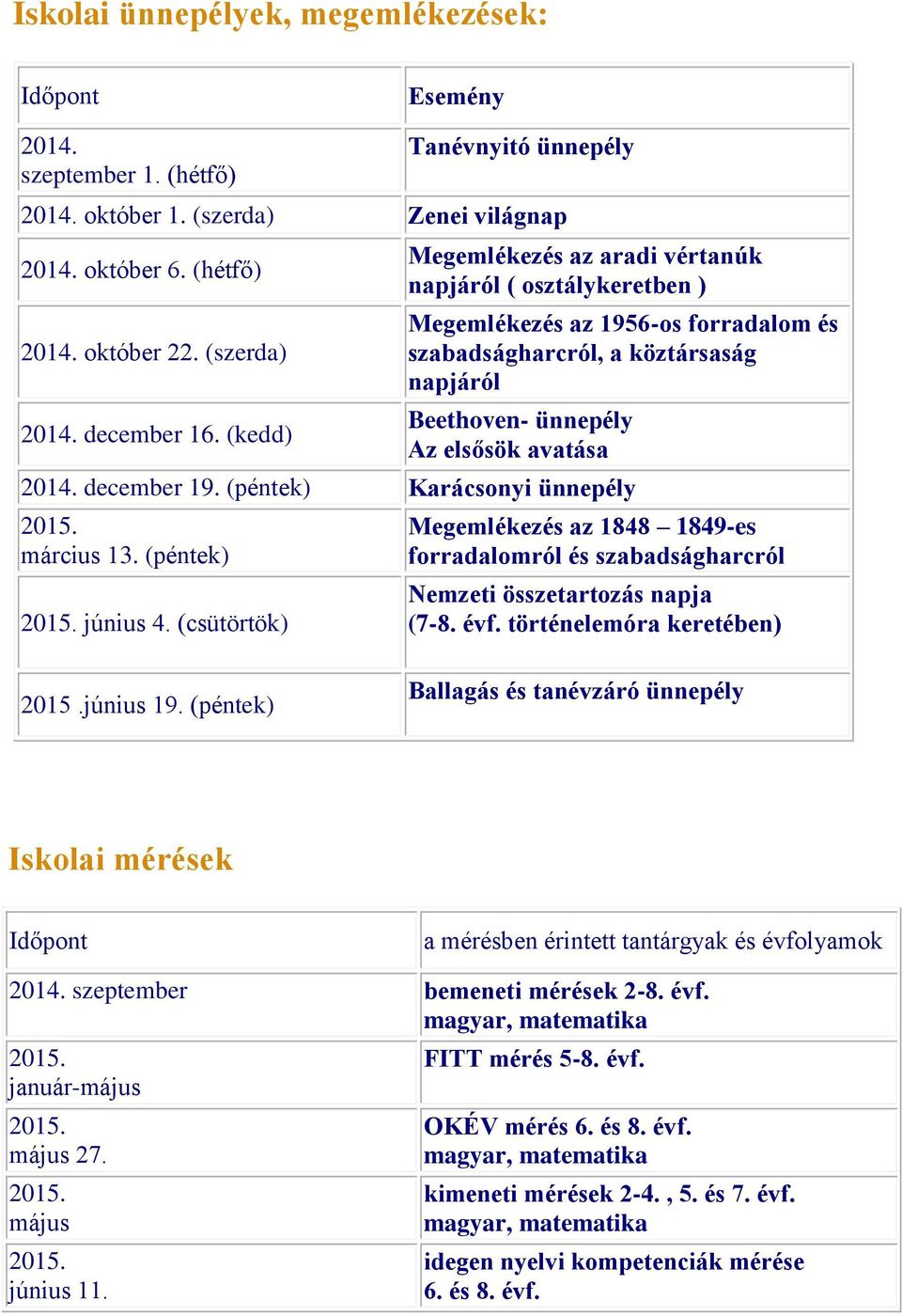 (kedd) Megemlékezés az aradi vértanúk napjáról ( osztálykeretben ) Megemlékezés az 1956-os forradalom és szabadságharcról, a köztársaság napjáról Beethoven- ünnepély Az elsősök avatása 2014.