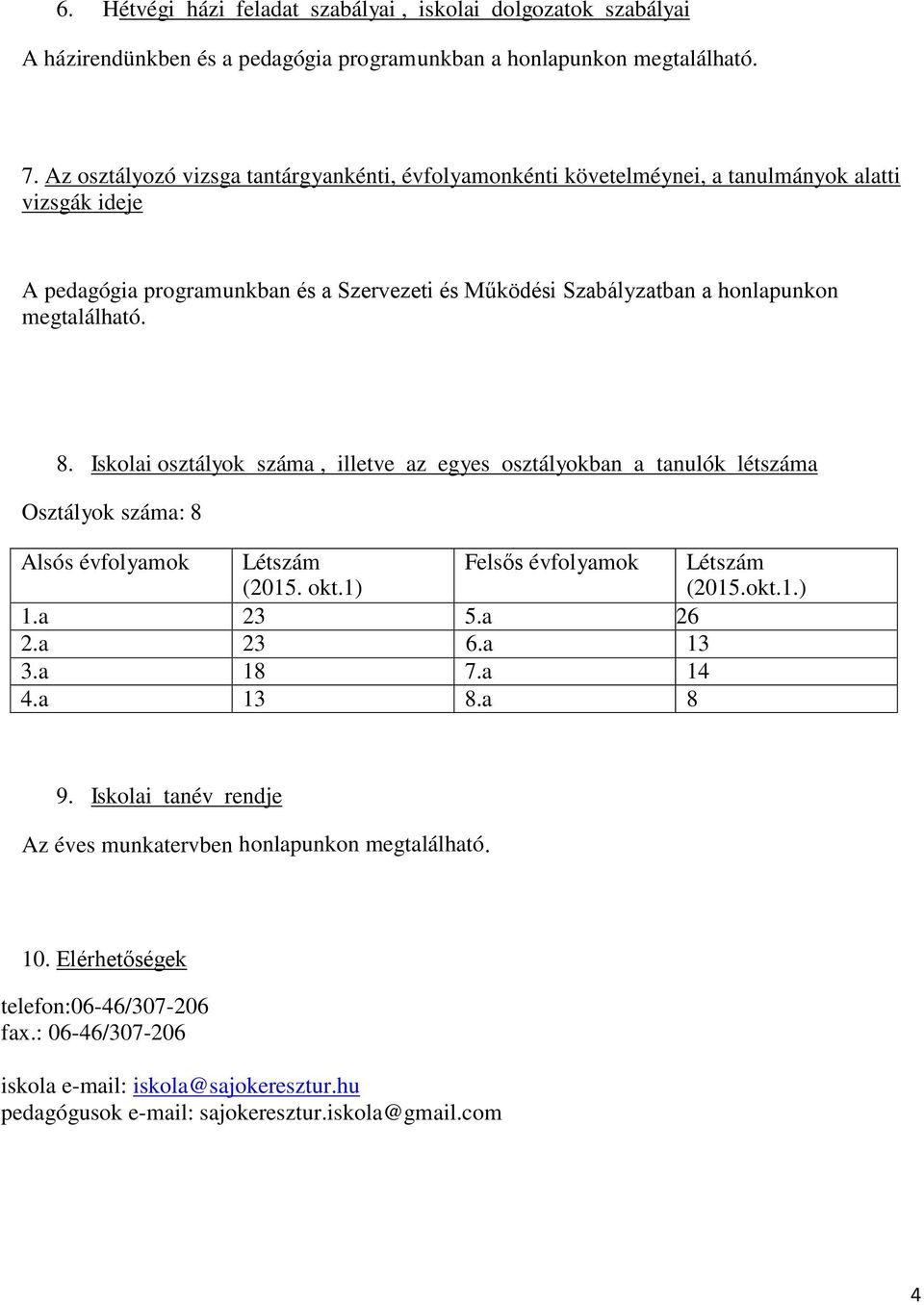 8. Iskolai osztályok száma, illetve az egyes osztályokban a tanulók létszáma Osztályok száma: 8 Alsós évfolyamok Létszám (2015. okt.1) Felsős évfolyamok Létszám (2015.okt.1.) 1.a 23 5.a 26 2.a 23 6.