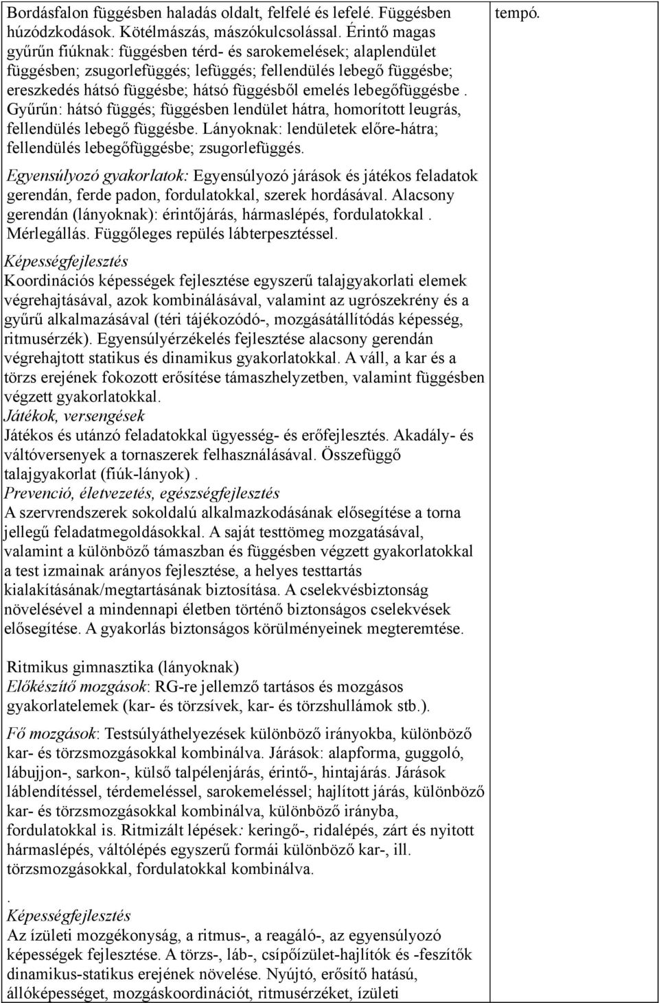 lebegőfüggésbe. Gyűrűn: hátsó függés; függésben lendület hátra, homorított leugrás, fellendülés lebegő függésbe. Lányoknak: lendületek előre-hátra; fellendülés lebegőfüggésbe; zsugorlefüggés.