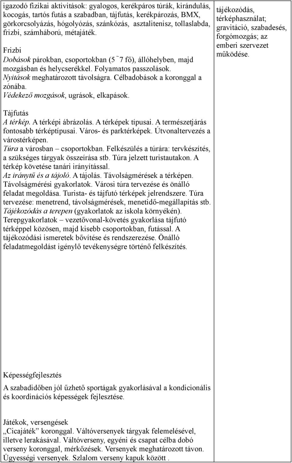 Célbadobások a koronggal a zónába. Védekező mozgások, ugrások, elkapások. tájékozódás, térképhasználat; gravitáció, szabadesés, forgómozgás; az emberi szervezet működése. Tájfutás A térkép.