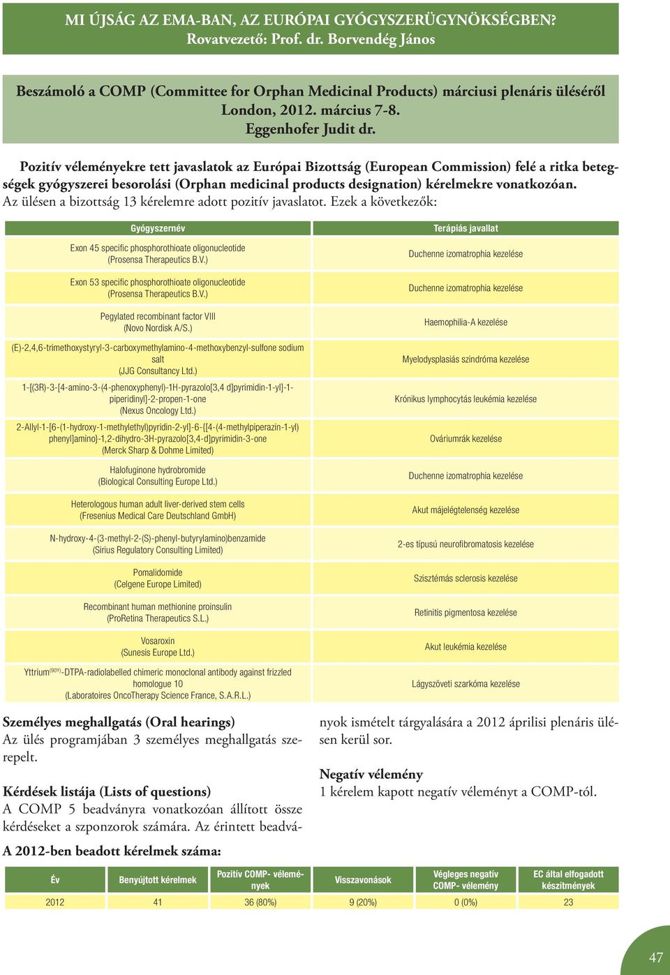 Pozitív véleményekre tett javaslatok az Európai Bizottság (European Commission) felé a ritka betegségek gyógyszerei besorolási (Orphan medicinal products designation) kérelmekre vonatkozóan.