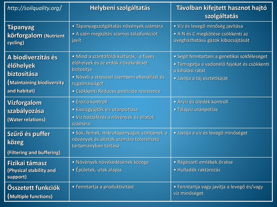 Vízforgalom szabályozása (Water relations) Szűrő és puffer közeg (Filtering and buffering) Fizikai támasz (Physical stability and support) Összetett funkciók (Multiple functions) Tápanyagszolgáltatás