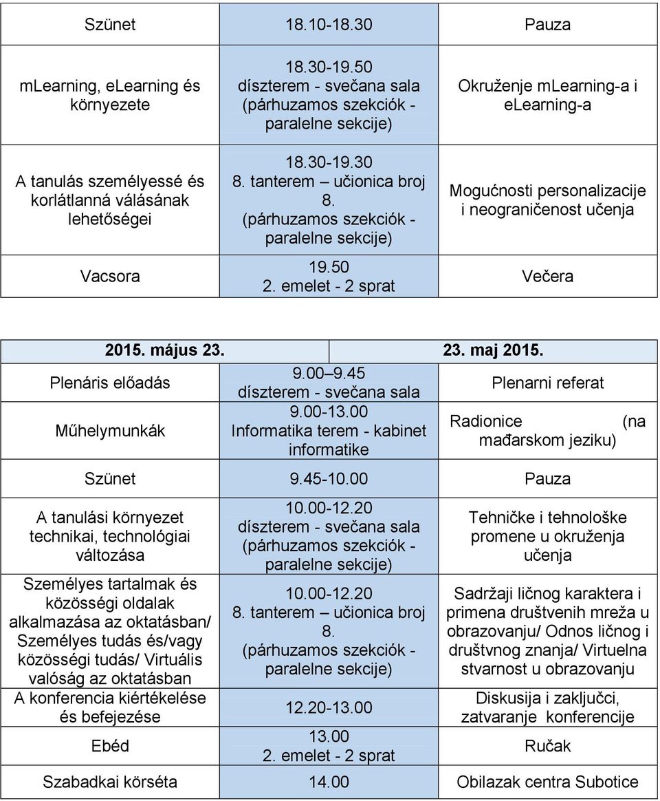 emelet - 2 sprat Okruženje mlearning-a i elearning-a Mogućnosti personalizacije i neograničenost učenja Večera 2015. május 23. 23. maj 2015. Plenáris előadás 9.00 9.