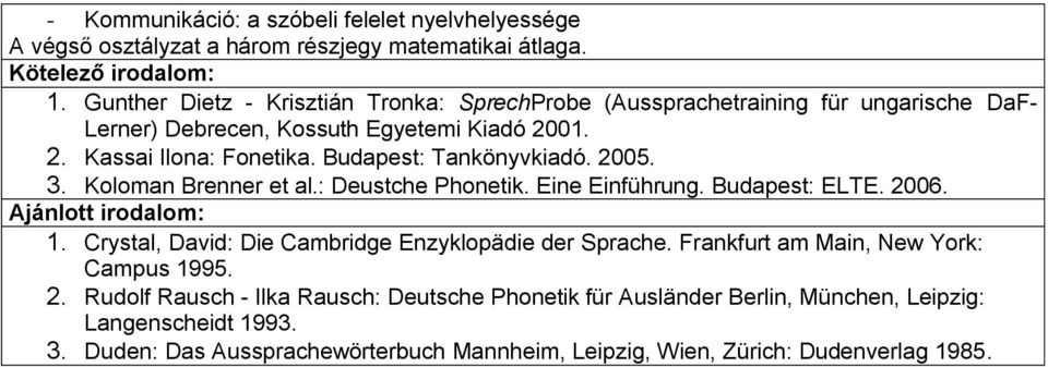 Budapest: Tankönyvkiadó. 2005. 3. Koloman Brenner et al.: Deustche Phonetik. Eine Einführung. Budapest: ELTE. 2006. 1.
