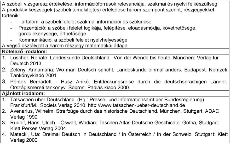 logikája, felépítése, előadásmódja, követhetősége, gördülékenysége, érthetősége - Kommunikáció: a szóbeli felelet nyelvhelyessége 1. Luscher, Renate: Landeskunde Deutschland. Von der Wende bis heute.