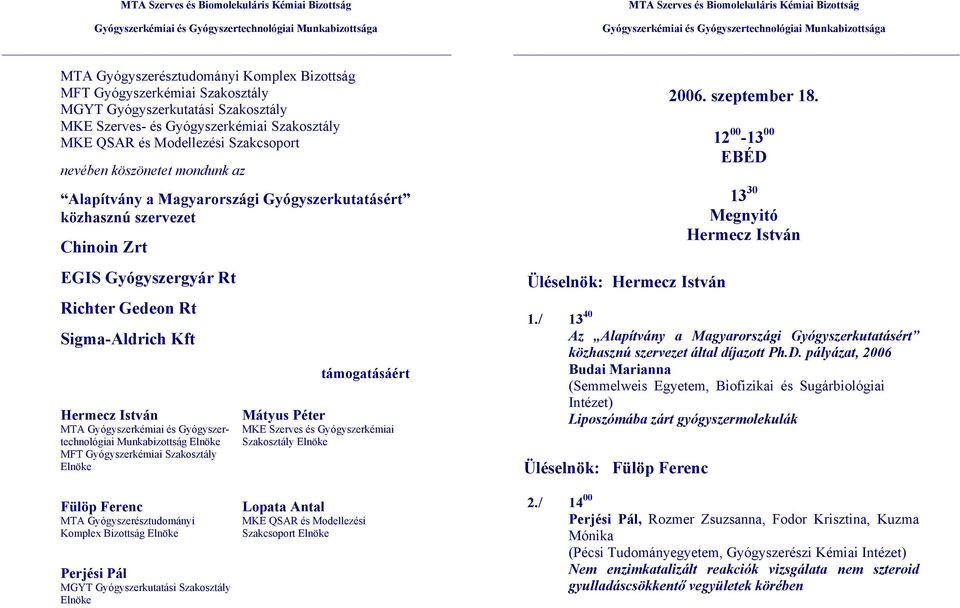 Gyógyszertechnológiai Munkabizottság Elnöke MFT Gyógyszerkémiai Szakosztály Elnöke Mátyus Péter támogatásáért MKE Szerves és Gyógyszerkémiai Szakosztály Elnöke Üléselnök: Hermecz István 2006.