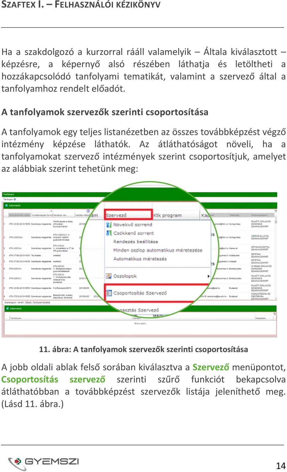 Az átláthatóságot növeli, ha a tanfolyamokat szervező intézmények szerint csoportosítjuk, amelyet az alábbiak szerint tehetünk meg: 11.