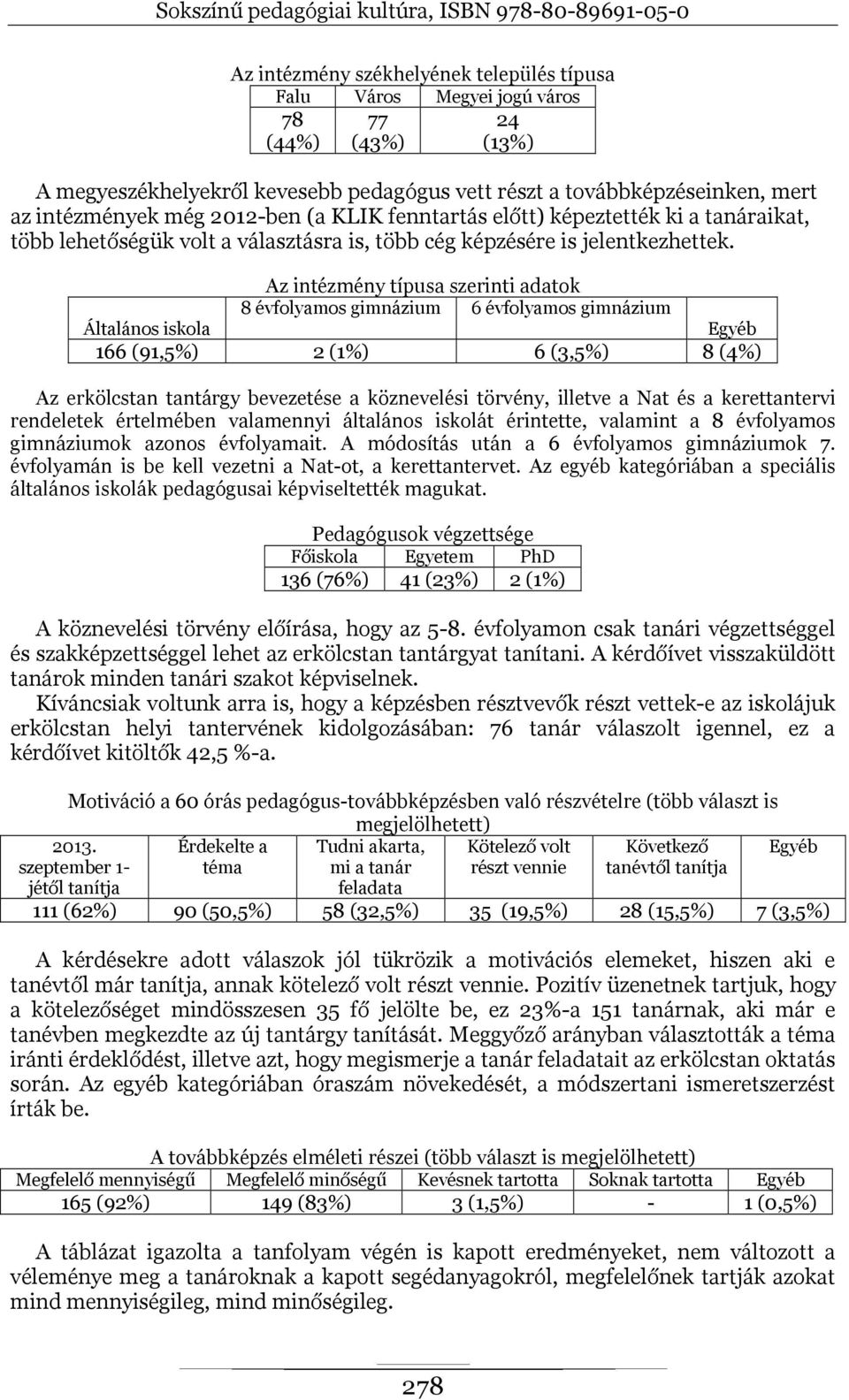 Az intézmény típusa szerinti adatok 8 évfolyamos gimnázium 6 évfolyamos gimnázium Általános iskola Egyéb 166 (91,5%) 2 (1%) 6 (3,5%) 8 (4%) Az erkölcstan tantárgy bevezetése a köznevelési törvény,