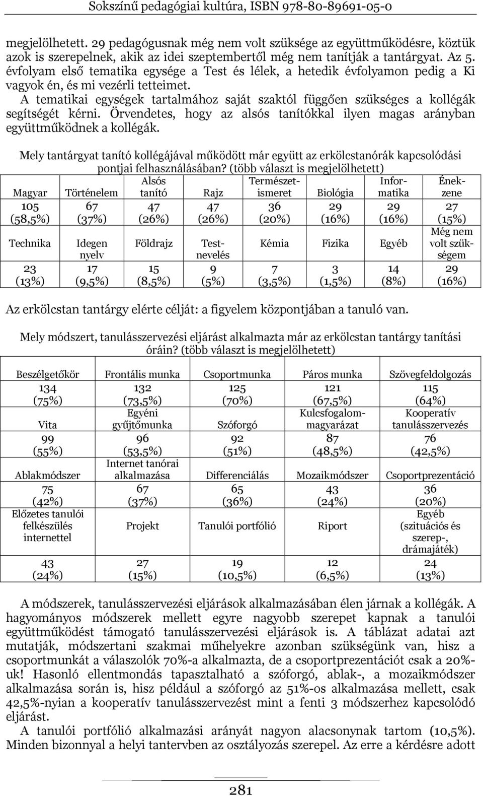 A tematikai egységek tartalmához saját szaktól függően szükséges a kollégák segítségét kérni. Örvendetes, hogy az alsós tanítókkal ilyen magas arányban együttműködnek a kollégák.