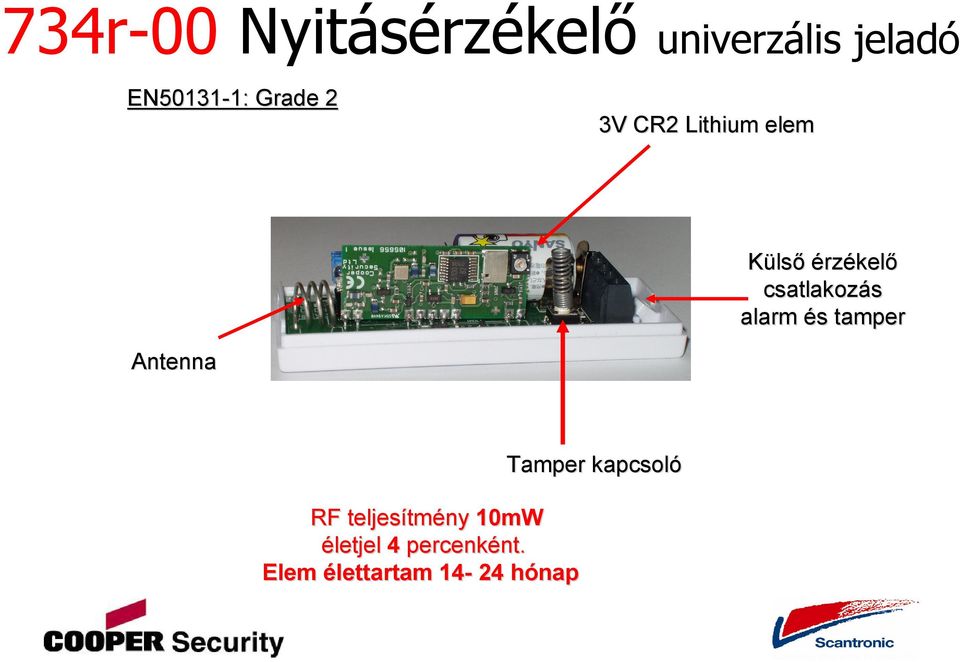 alarm és tamper Antenna RF teljesítm tmény 10mW életjel