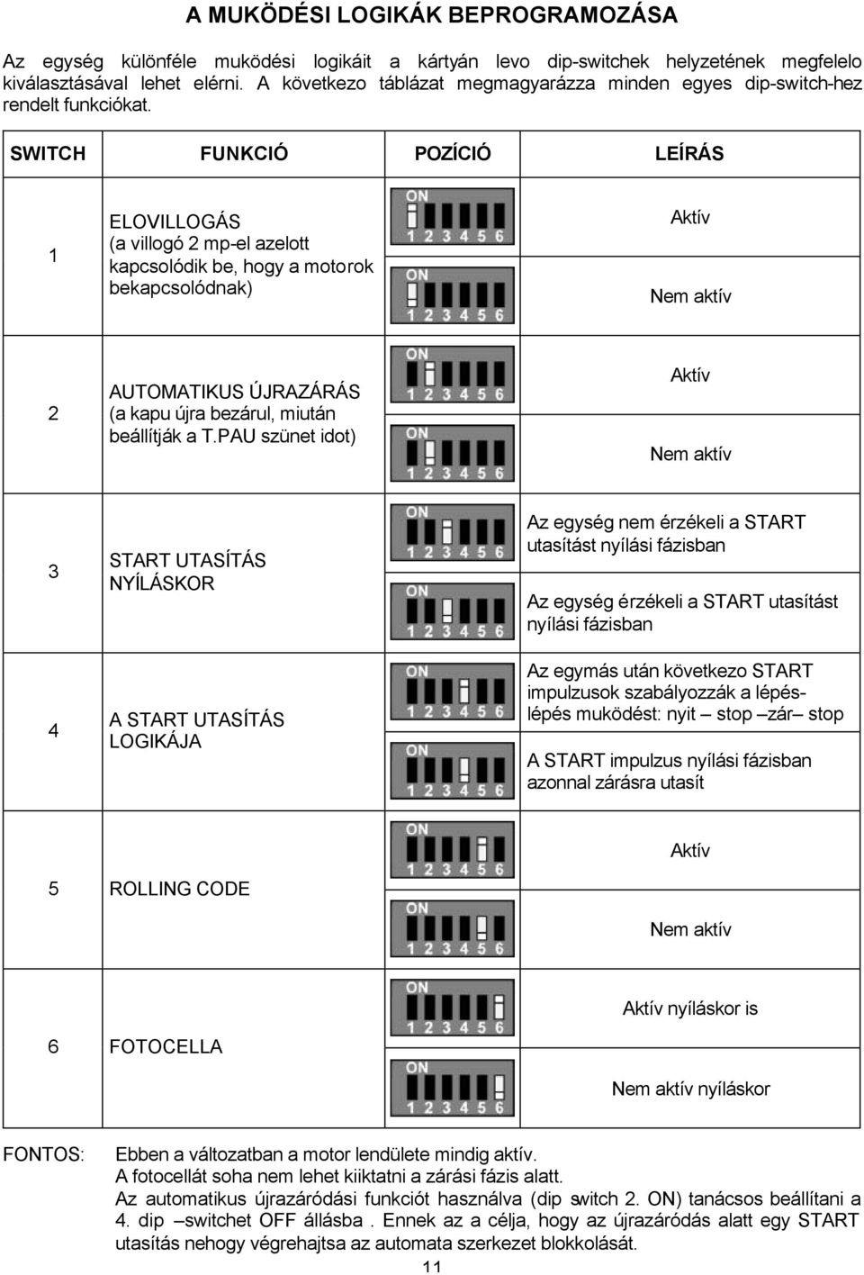 SWITCH FUNKCIÓ POZÍCIÓ LEÍRÁS 1 ELOVILLOGÁS (a villogó 2 mp-el azelott kapcsolódik be, hogy a motorok bekapcsolódnak) Aktív Nem aktív 2 AUTOMATIKUS ÚJRAZÁRÁS (a kapu újra bezárul, miután beállítják a