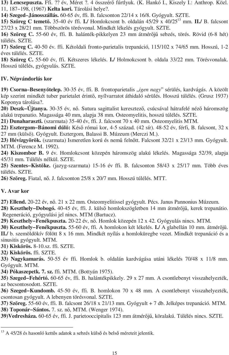 Mindkét lékelés gyógyult. SZTE. 16) Szőreg C. 55-60 év, ffi. B. halánték-pikkelyen 23 mm átmérőjű sebzés, törés. Rövid (6-8 hét) túlélés. SZTE. 17) Szőreg C. 40-50 év. ffi. Kétoldali fronto-parietalis trepanáció, 115/102 x 74/65 mm.
