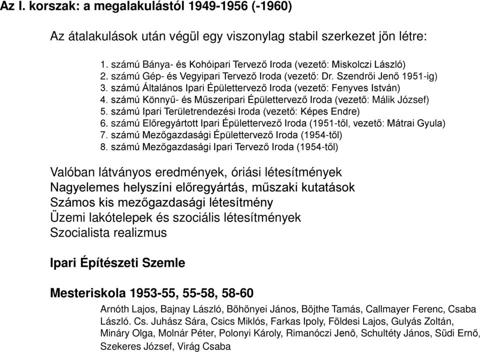 számú Könnyű- és Műszeripari Épülettervező Iroda (vezető: Málik József) 5. számú Ipari Területrendezési Iroda (vezető: Képes Endre) 6.