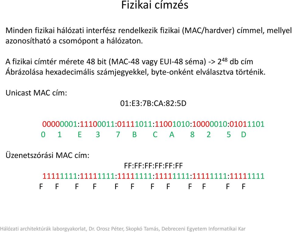 A fizikai címtér mérete 48 bit (MAC-48 vagy EUI-48 séma) -> 2 48 db cím Ábrázolása hexadecimális számjegyekkel, byte-onként