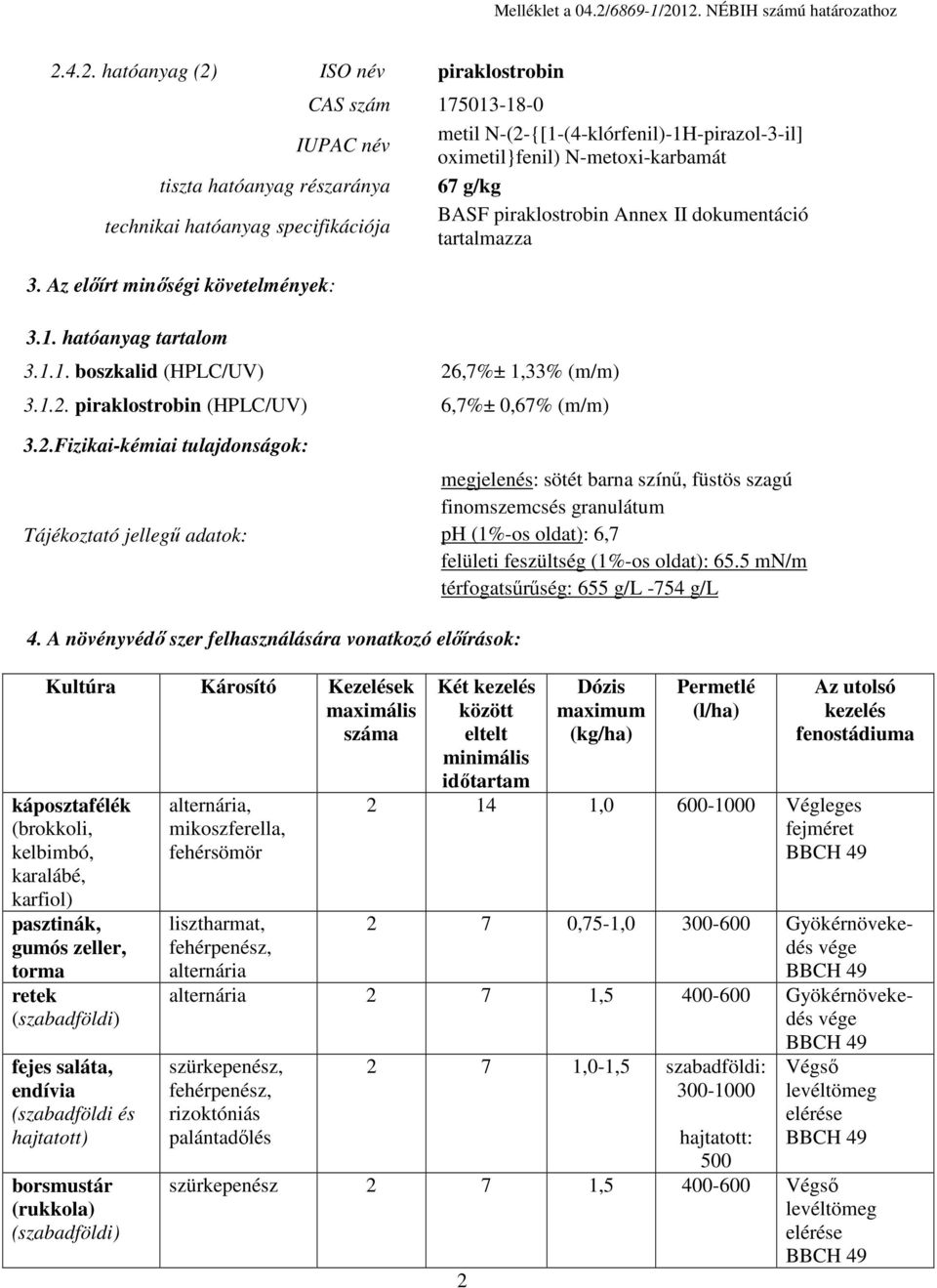 12. NÉBIH számú határozathoz 2.4.2. hatóanyag (2) ISO név piraklostrobin CAS szám 175013-18-0 IUPAC név metil N-(2-{[1-(4-klórfenil)-1H-pirazol-3-il] oximetil}fenil) N-metoxi-karbamát tiszta