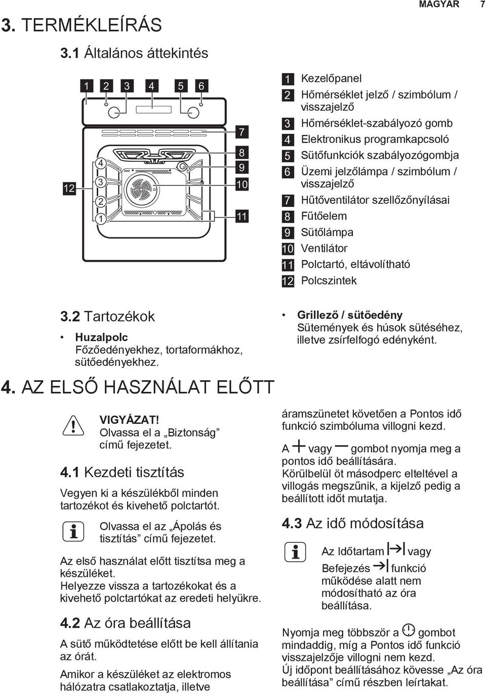 Sütőfunkciók szabályozógombja 6 Üzemi jelzőlámpa / szimbólum / visszajelző 7 Hűtőventilátor szellőzőnyílásai 8 Fűtőelem 9 Sütőlámpa 10 Ventilátor 11 Polctartó, eltávolítható 12 Polcszintek 3.