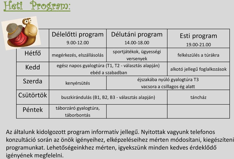 kenyérsütés éjszakába nyúló gyalogtúra T3 vacsora a csillagos ég alatt Csütörtök buszkirándulás (B1, B2, B3 - választás alapján) táncház Péntek táborzáró gyalogtúra, táborbontás Az