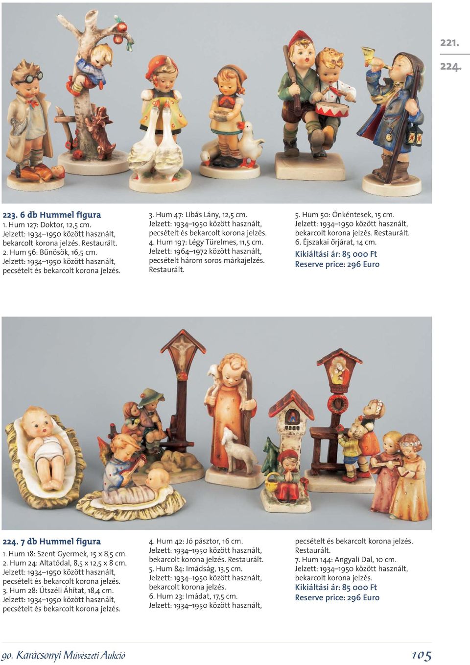 bekarcolt korona jelzés. Restaurált. 6. Éjszakai ôrjárat, 14 cm. Kikiáltási ár: 85 000 Ft Reserve price: 296 Euro 224. 7 db Hummel figura 1. Hum 18: Szent Gyermek, 15 x 8,5 cm. 2. Hum 24: Altatódal, 8,5 x 12,5 x 8 cm.