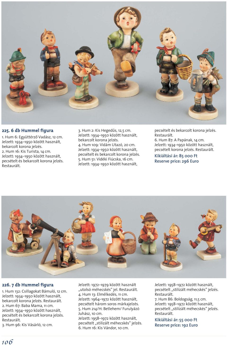 Hum 87: A Papának, 14 cm. pecsételt korona jelzés. Restaurált. Kikiáltási ár: 85 000 Ft Reserve price: 296 Euro 226. 7 db Hummel figura 1. Hum 132: Csillagokat Bámuló, 12 cm. bekarcolt korona jelzés.