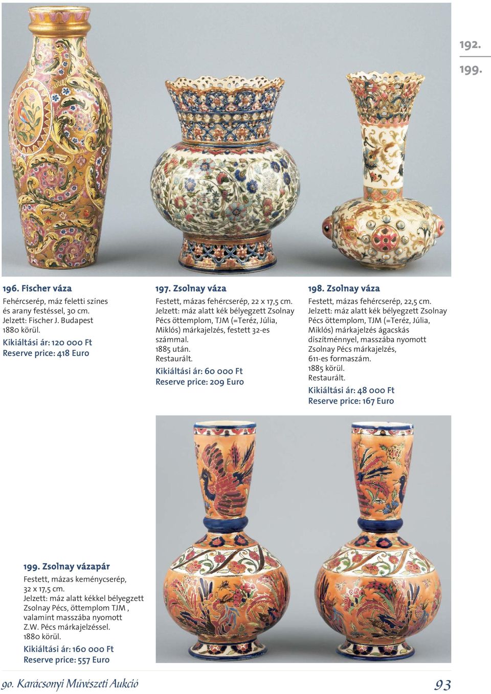Kikiáltási ár: 60 000 Ft Reserve price: 209 Euro 198. Zsolnay váza Festett, mázas fehércserép, 22,5 cm.