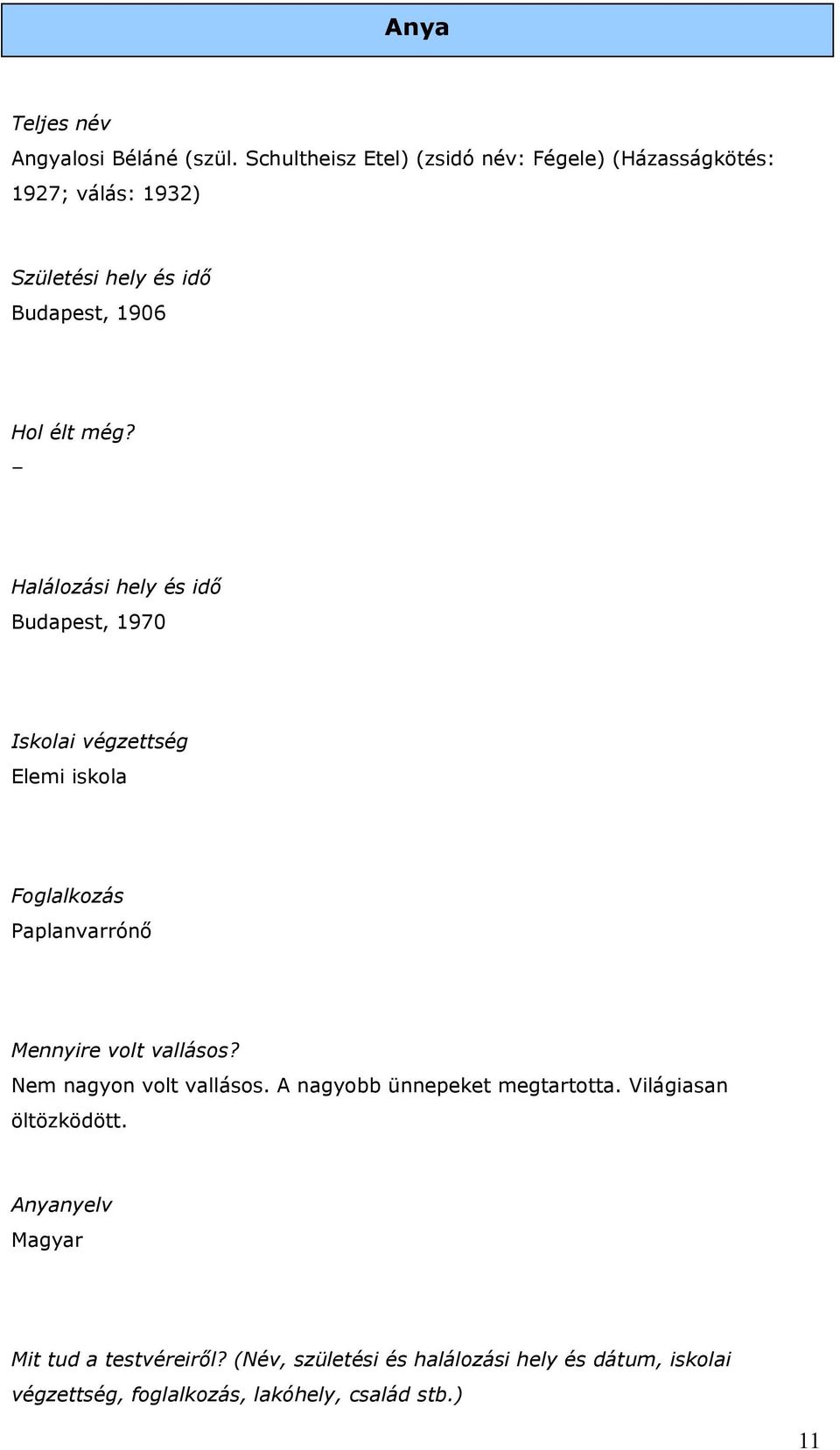 Halálozási hely és idő Budapest, 1970 Iskolai végzettség Elemi iskola Paplanvarrónő Mennyire volt vallásos?