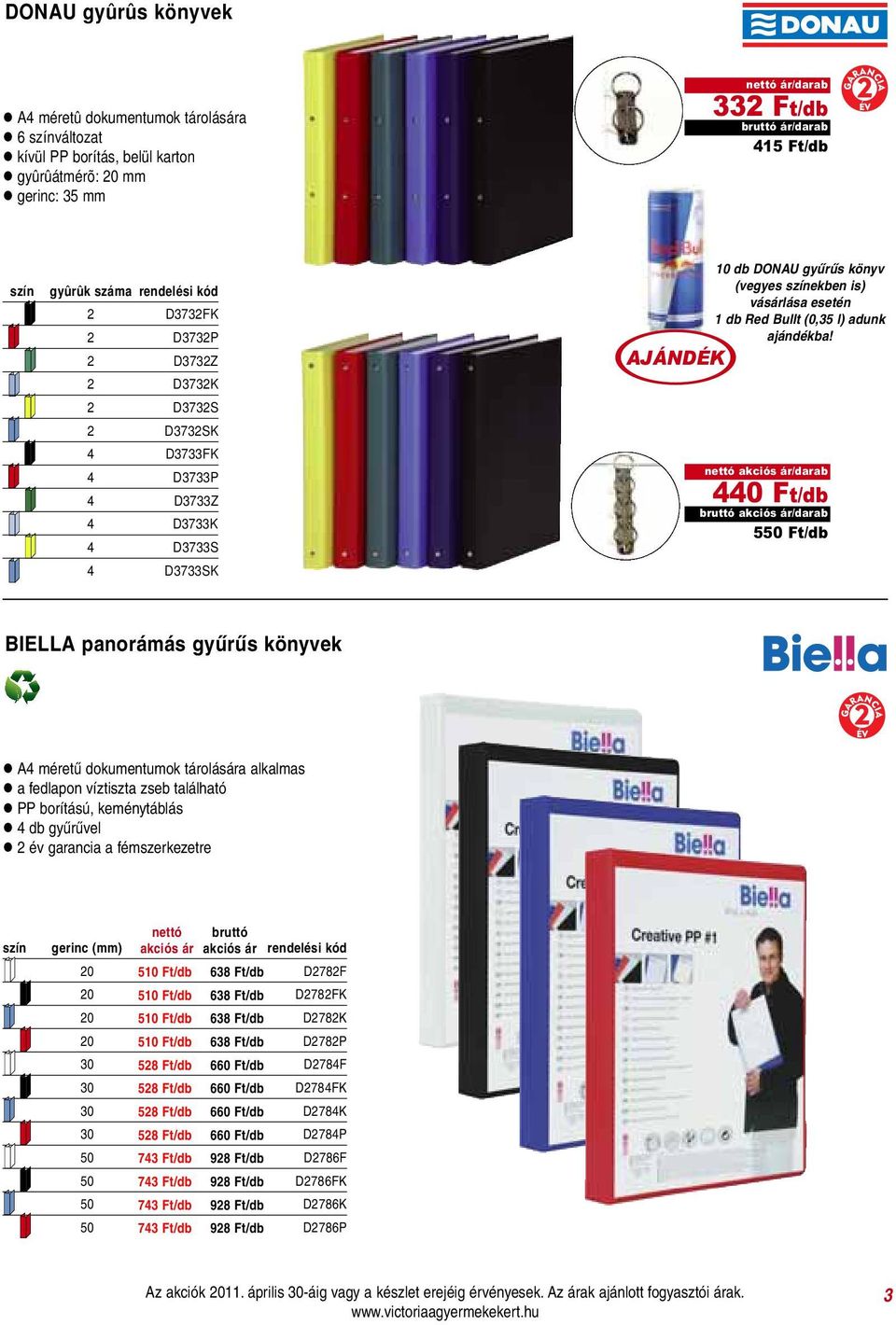 /darab 440 Ft/db /darab 550 Ft/db BIELLA panorámás gyűrűs könyvek l A4 méretű dokumentumok tárolására alkalmas l a fedlapon víztiszta zseb található l PP borítású, keménytáblás l 4 db gyűrűvel l 2 év