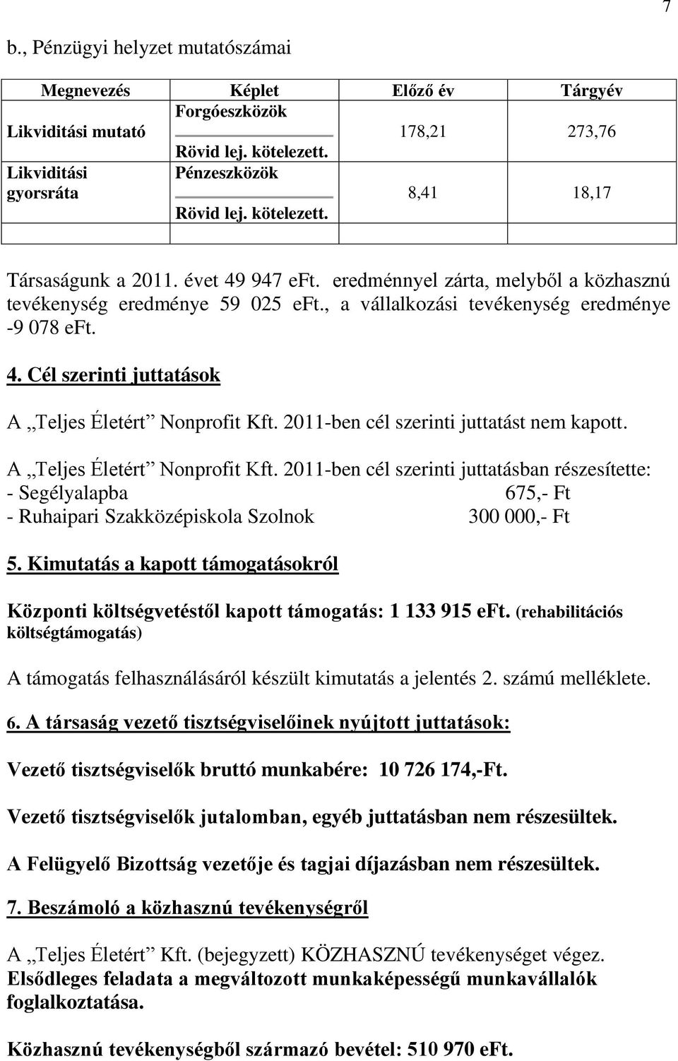2011-ben cél szerinti juttatást nem kapott. A Teljes Életért Nonprofit Kft. 2011-ben cél szerinti juttatásban részesítette: - Segélyalapba 675,- Ft - Ruhaipari Szakközépiskola Szolnok 300 000,- Ft 5.