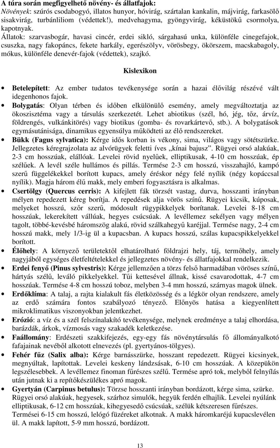 Állatok: szarvasbogár, havasi cincér, erdei sikló, sárgahasú unka, különféle cinegefajok, csuszka, nagy fakopáncs, fekete harkály, egerészölyv, vörösbegy, ökörszem, macskabagoly, mókus, különféle