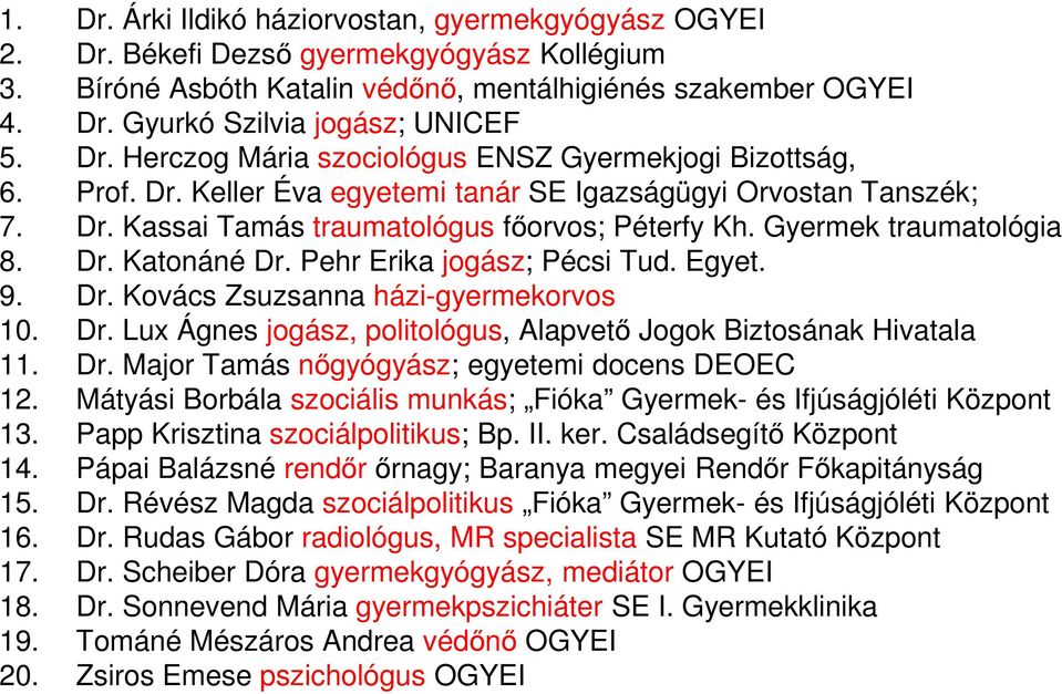 Gyermek traumatológia 8. Dr. Katonáné Dr. Pehr Erika jogász; Pécsi Tud. Egyet. 9. Dr. Kovács Zsuzsanna házi-gyermekorvos 10. Dr. Lux Ágnes jogász, politológus, Alapvető Jogok Biztosának Hivatala 11.