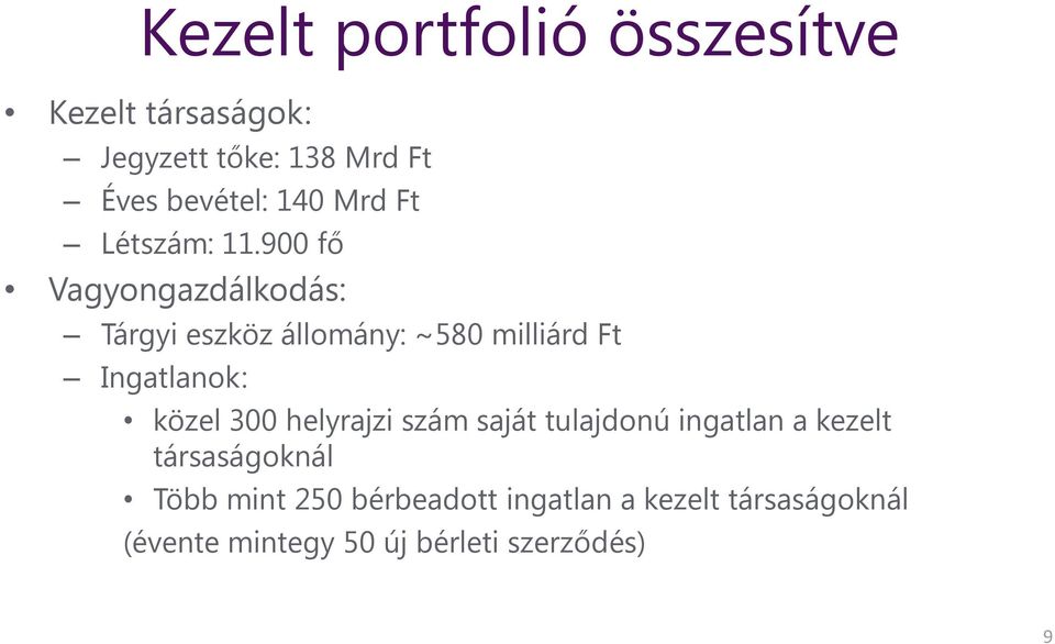 900 fő Vagyongazdálkodás: Tárgyi eszköz állomány: ~580 milliárd Ft Ingatlanok: közel 300