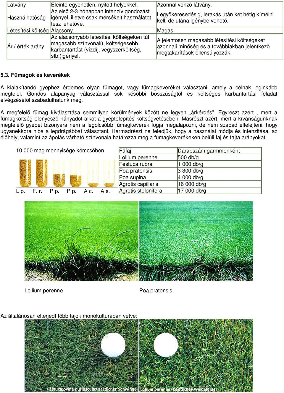 Létesítési költség Alacsony. Ár / érték arány Az alacsonyabb létesítési költségeken túl magasabb színvonalú, költségesebb karbantartást (vízdíj, vegyszerköltség, stb.)igényel. Magas!