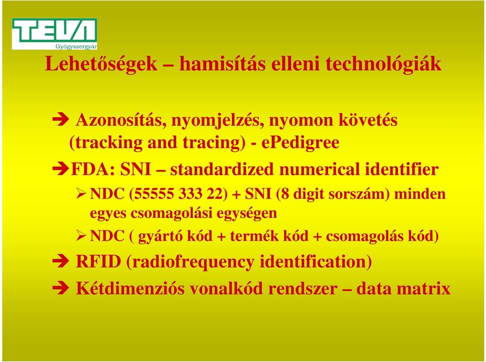 SNI (8 digit sorszám) minden egyes csomagolási egységen NDC ( gyártó kód + termék kód +