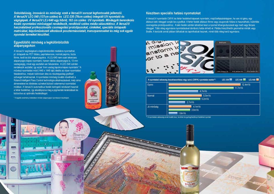 A VersaUV használatával professzionális csomagolási prototípusokat, címkéket, speciális öntapadó matricákat, képzőművészeti alkotások posztermásolatait, transzparenseket és még sok egyéb nyomdai