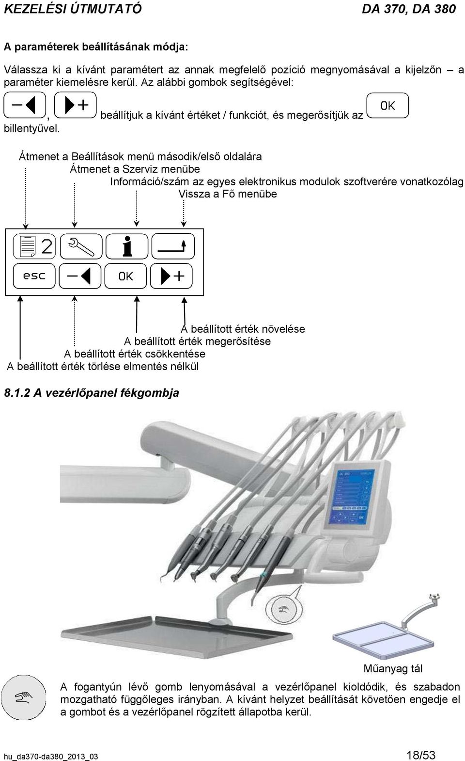 Átmenet a Beállítások menü második/első oldalára Átmenet a Szerviz menübe Információ/szám az egyes elektronikus modulok szoftverére vonatkozólag Vissza a Fő menübe A beállított érték növelése A