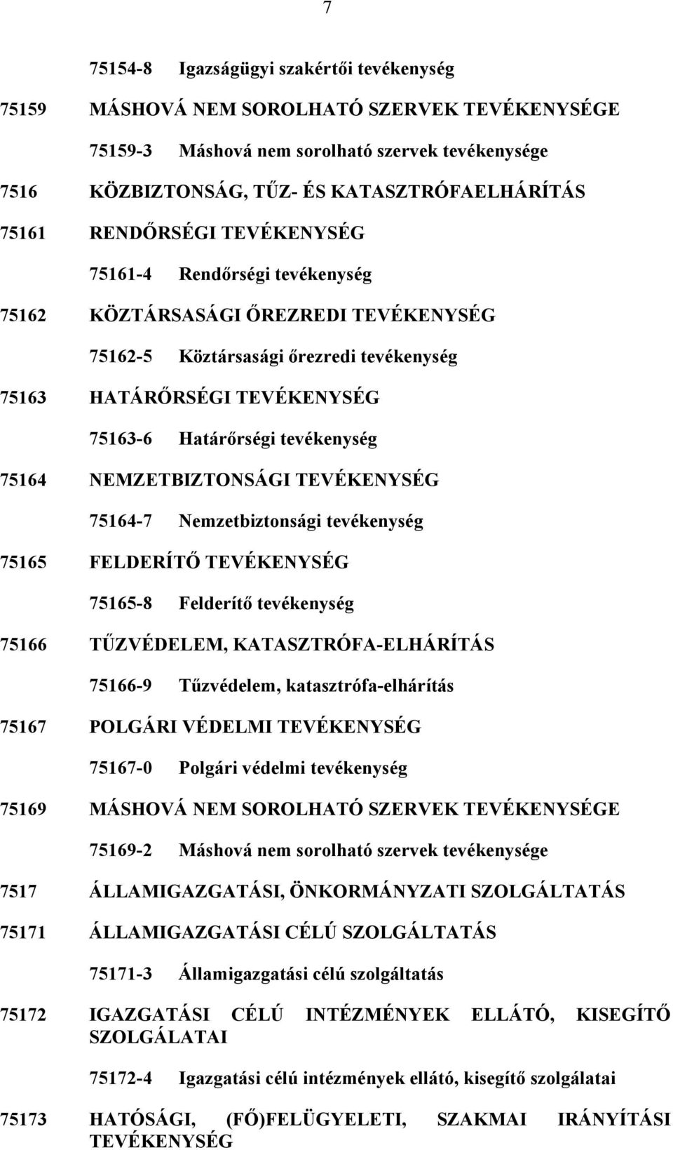 75164 NEMZETBIZTONSÁGI TEVÉKENYSÉG 75164-7 Nemzetbiztonsági tevékenység 75165 FELDERÍTŐ TEVÉKENYSÉG 75165-8 Felderítő tevékenység 75166 TŰZVÉDELEM, KATASZTRÓFA-ELHÁRÍTÁS 75166-9 Tűzvédelem,