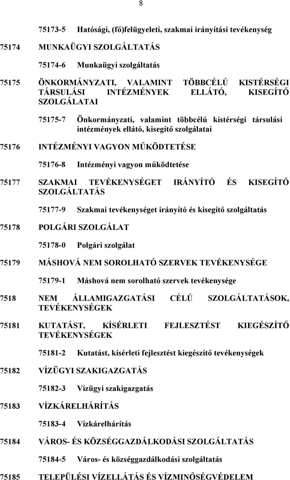 működtetése 75177 SZAKMAI TEVÉKENYSÉGET IRÁNYÍTÓ ÉS KISEGÍTŐ SZOLGÁLTATÁS 75177-9 Szakmai tevékenységet irányító és kisegítő szolgáltatás 75178 POLGÁRI SZOLGÁLAT 75178-0 Polgári szolgálat 75179