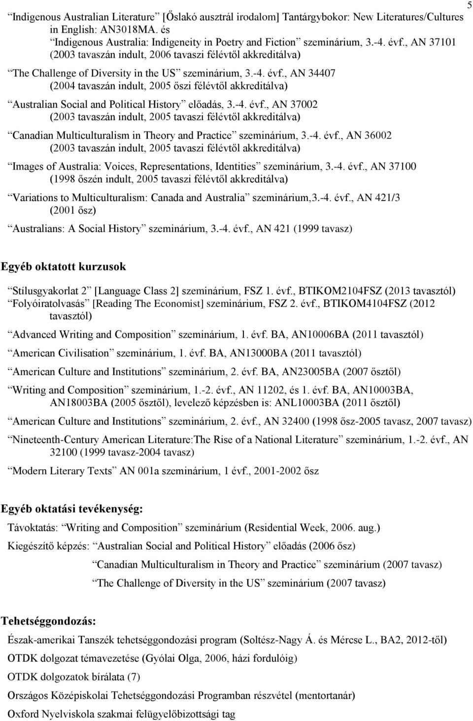-4. évf., AN 37002 (2003 tavaszán indult, 2005 tavaszi félévtől akkreditálva) Canadian Multiculturalism in Theory and Practice szeminárium, 3.-4. évf., AN 36002 (2003 tavaszán indult, 2005 tavaszi félévtől akkreditálva) Images of Australia: Voices, Representations, Identities szeminárium, 3.