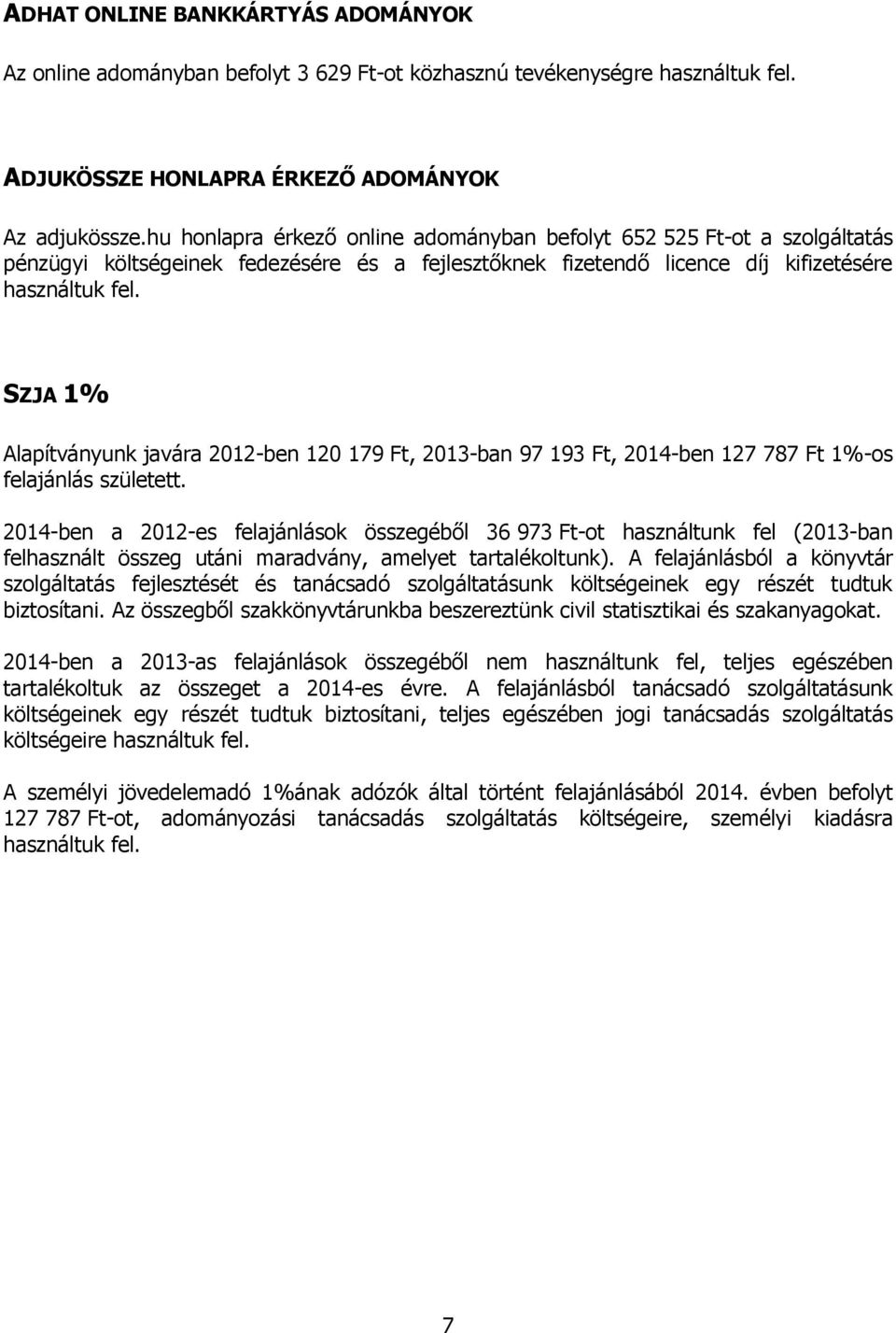 SZJA 1% Alapítványunk javára 2012-ben 120 179 Ft, 2013-ban 97 193 Ft, 2014-ben 127 787 Ft 1%-os felajánlás született.