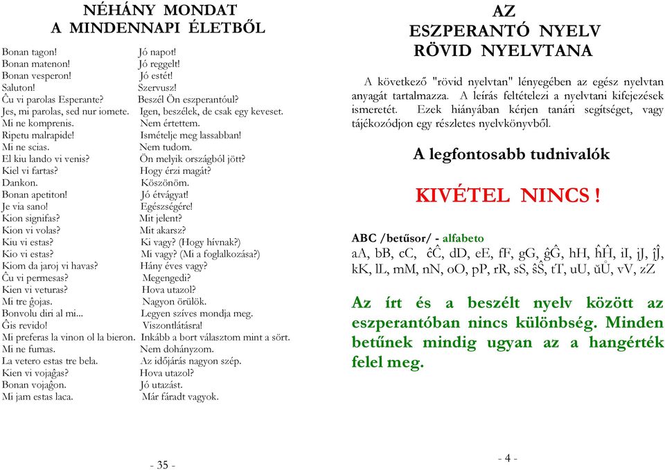 Ön melyik országból jött? Kiel vi fartas? Hogy érzi magát? Dankon. Köszönöm. Bonan apetiton! Jó étvágyat! Je via sano! Egészségére! Kion signifas? Mit jelent? Kion vi volas? Mit akarsz? Kiu vi estas?