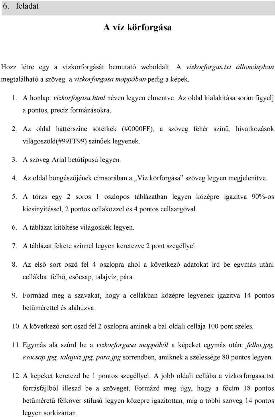 Az oldal háttérszíne sötétkék (#0000FF), a szöveg fehér színű, hivatkozások világoszöld(#99ff99) színűek legyenek. 3. A szöveg Arial betűtípusú legyen. 4.