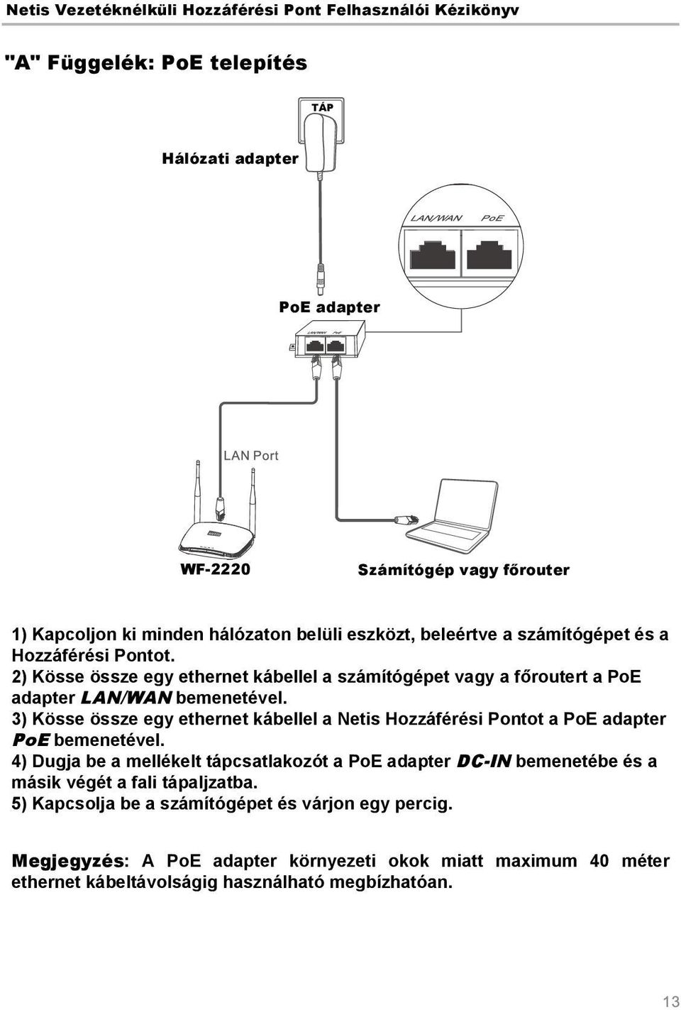 3) Kösse össze egy ethernet kábellel a Netis Hozzáférési Pontot a PoE adapter PoE bemenetével.