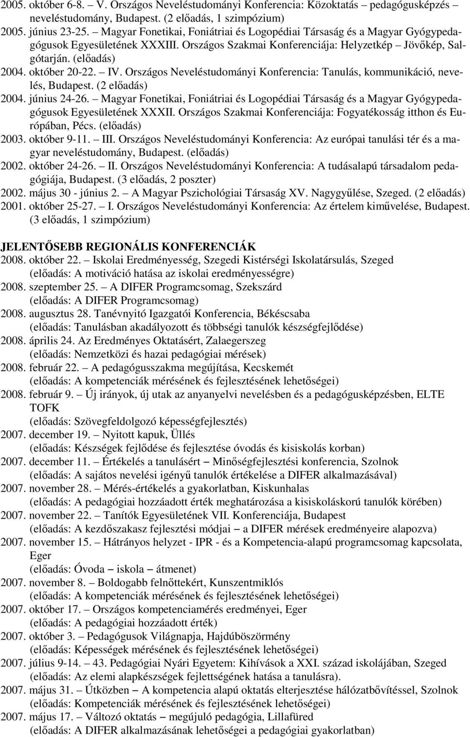 IV. Országos Neveléstudományi Konferencia: Tanulás, kommunikáció, nevelés, Budapest. (2 előadás) 2004. június 24-26.