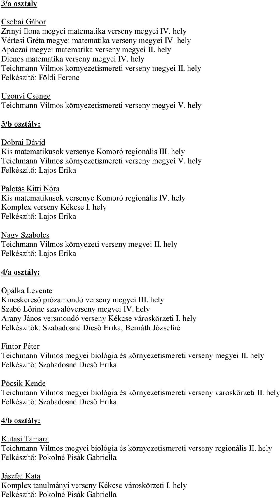 hely 3/b osztály: Dobrai Dávid Kis matematikusok versenye Komoró regionális III. hely Teichmann Vilmos környezetismereti verseny megyei V.