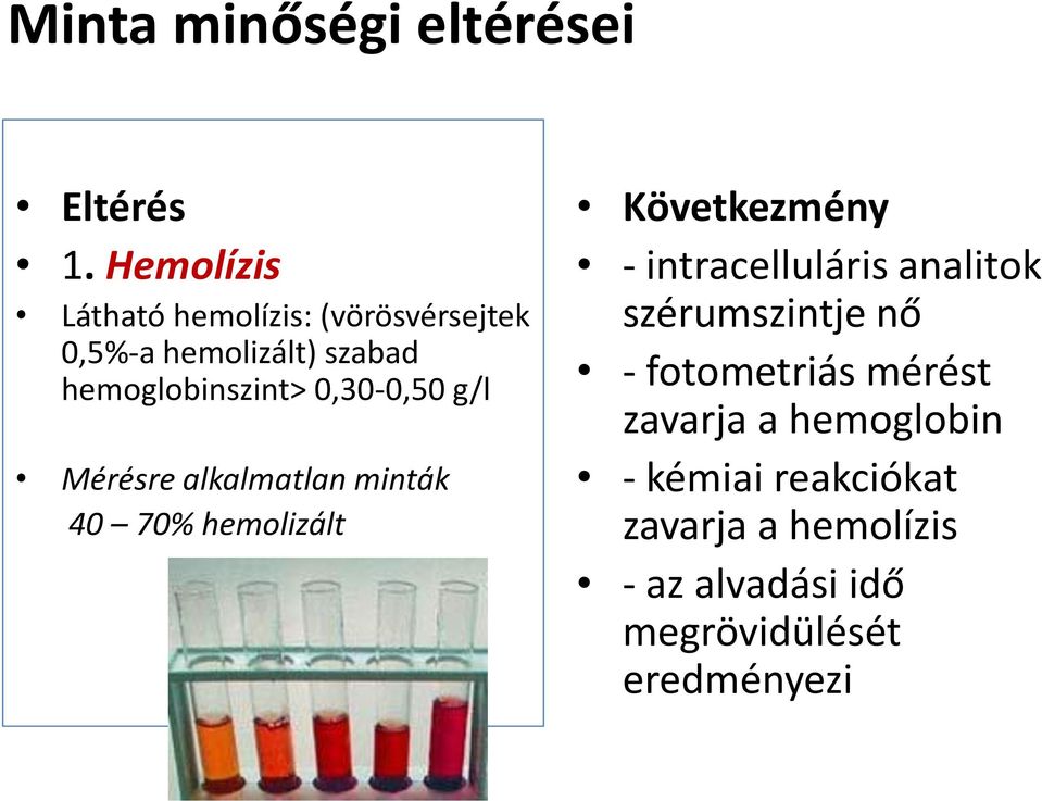 0,30-0,50 g/l Mérésre alkalmatlan minták 40 70% hemolizált Következmény - intracelluláris