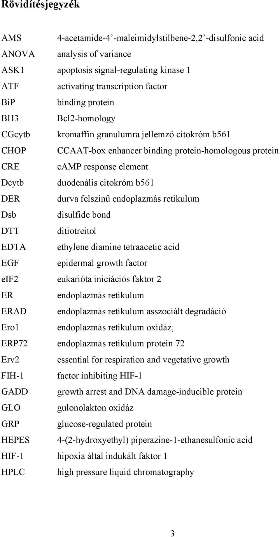 durva felszínű endoplazmás retikulum Dsb disulfide bond DTT ditiotreitol EDTA ethylene diamine tetraacetic acid EGF epidermal growth factor eif2 eukarióta iniciációs faktor 2 ER endoplazmás retikulum
