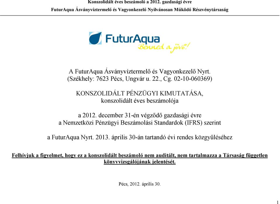 december 31-én végződő gazdasági évre a Nemzetközi Pénzügyi Beszámolási Standardok (IFRS) szerint a FuturAqua Nyrt. 2013.